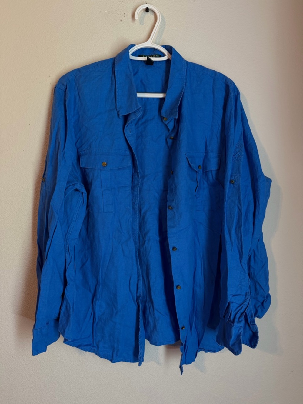 Women’s LAUREN RALPH LAUREN Top 2X Button Up Blouse 100% Linen Nautical Coastal